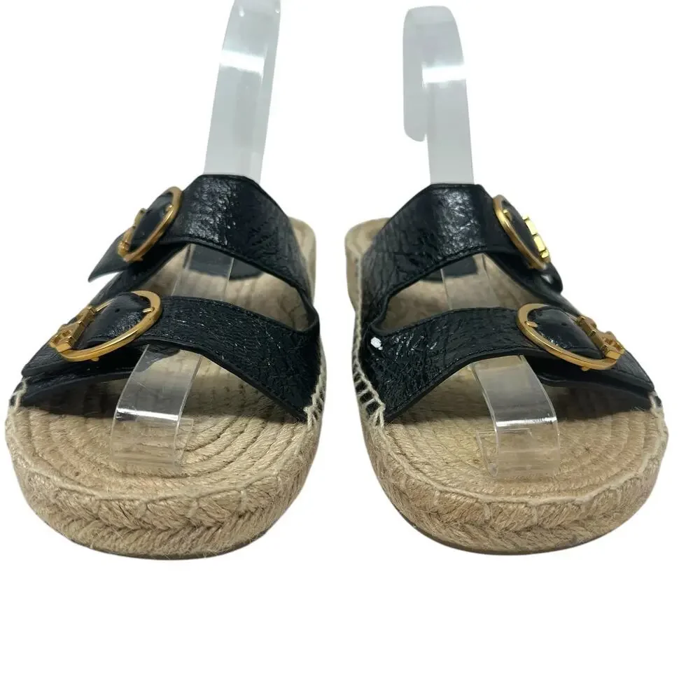Tory Burch Selby‎ Patent Leather Espadrille Slide Sandals Black Size US 6.5